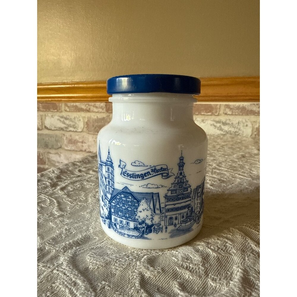 Vintage German Ceramic Milk Glass Mustard Jar Blue Lid & Scenic Village Design